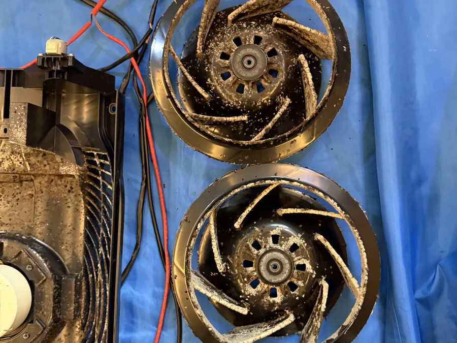 세척 전 시로코팬 날개 사이에 검은 곰팡이가 두껍게 붙어 있는 모습